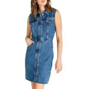 Etica Denim Jean Sleeveless Dress Small‎ Button Western Minimalist Eco Casual